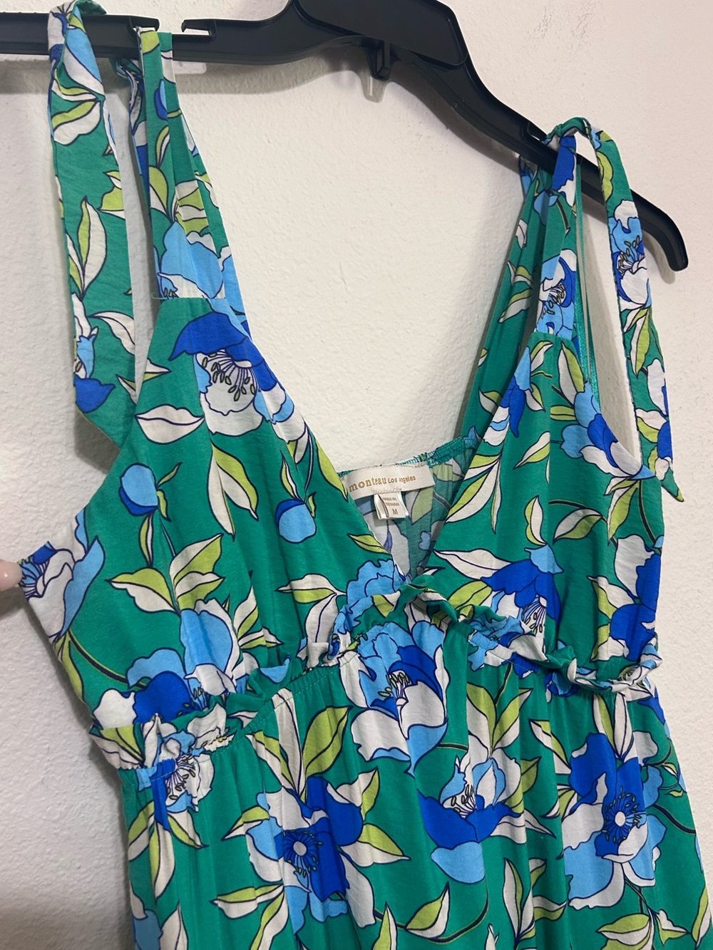 Monteau Los Angeles Floral Tiered Maxi Dress Green Blue Tie Strap Casual Size M - Picture 4 of 11